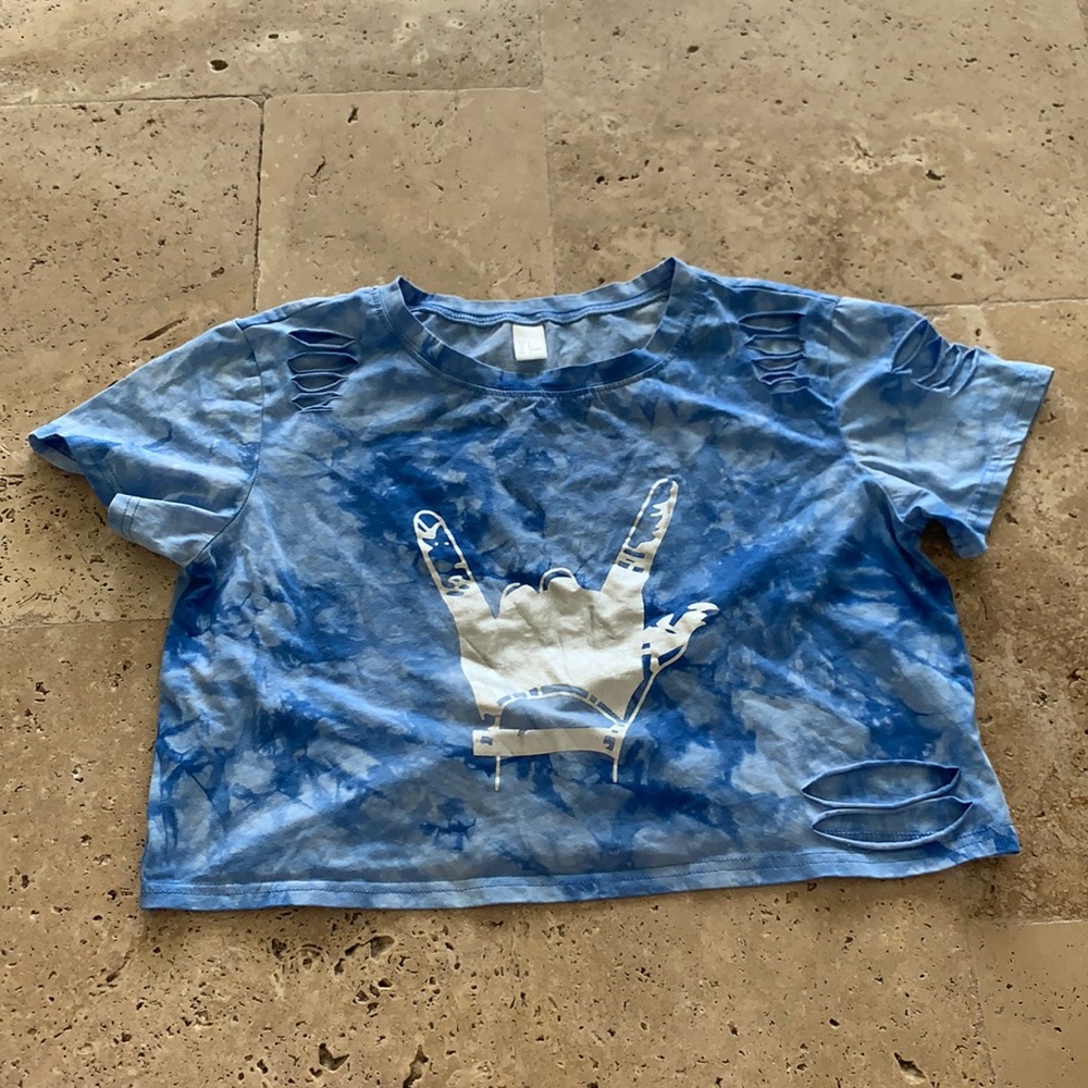 White and blue tie dye crop top with I love you sign language hand